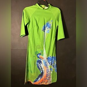 Vibrant Green Maxi Top with Peacock Design Small